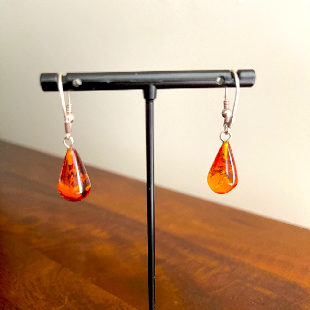 Real Amber Earrings 1-1/2” Drop Silver Hardware